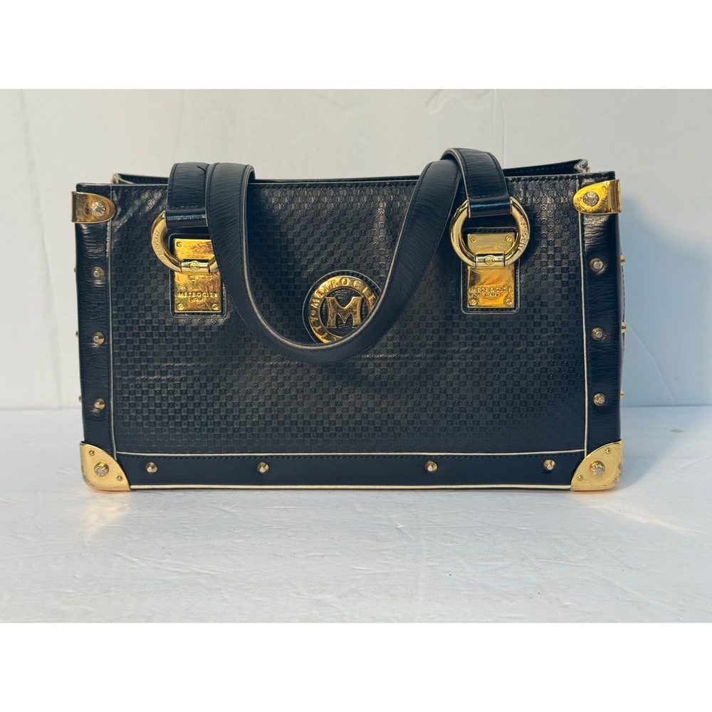 Metrocity Black Monogram Leather Trunk Satchel Bag Gold Studded Hardware